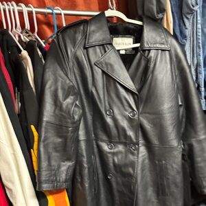 Chic Black Leather Long Trench Coat